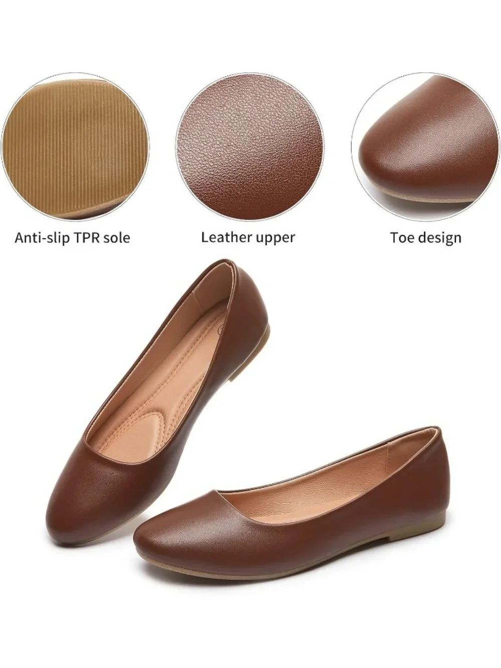 Women's Brown PU Leather Closed Toe Comfortable Flexible Slip On Ballet Flats
